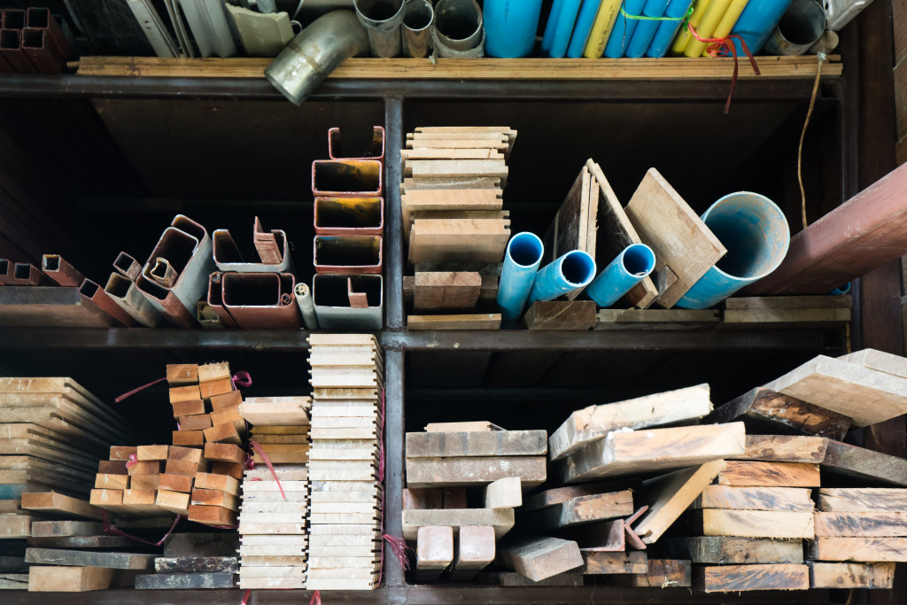 A shelf full of construction materials