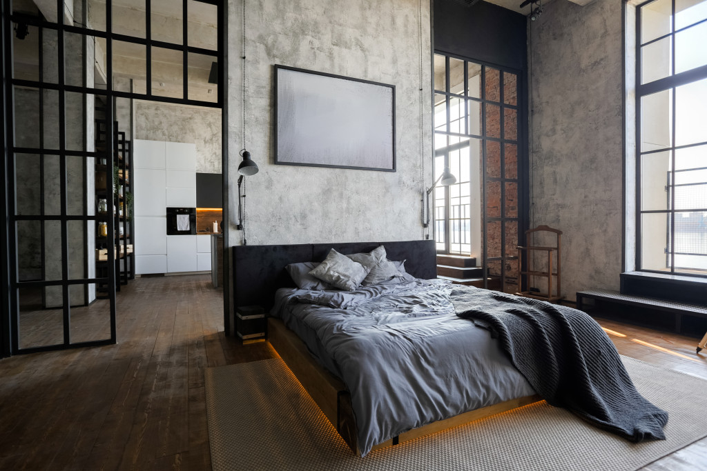 interior of modern bedroom with a vintage and dark theme