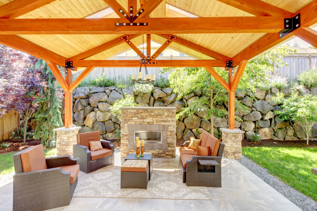 exterior covered patio with fireplace